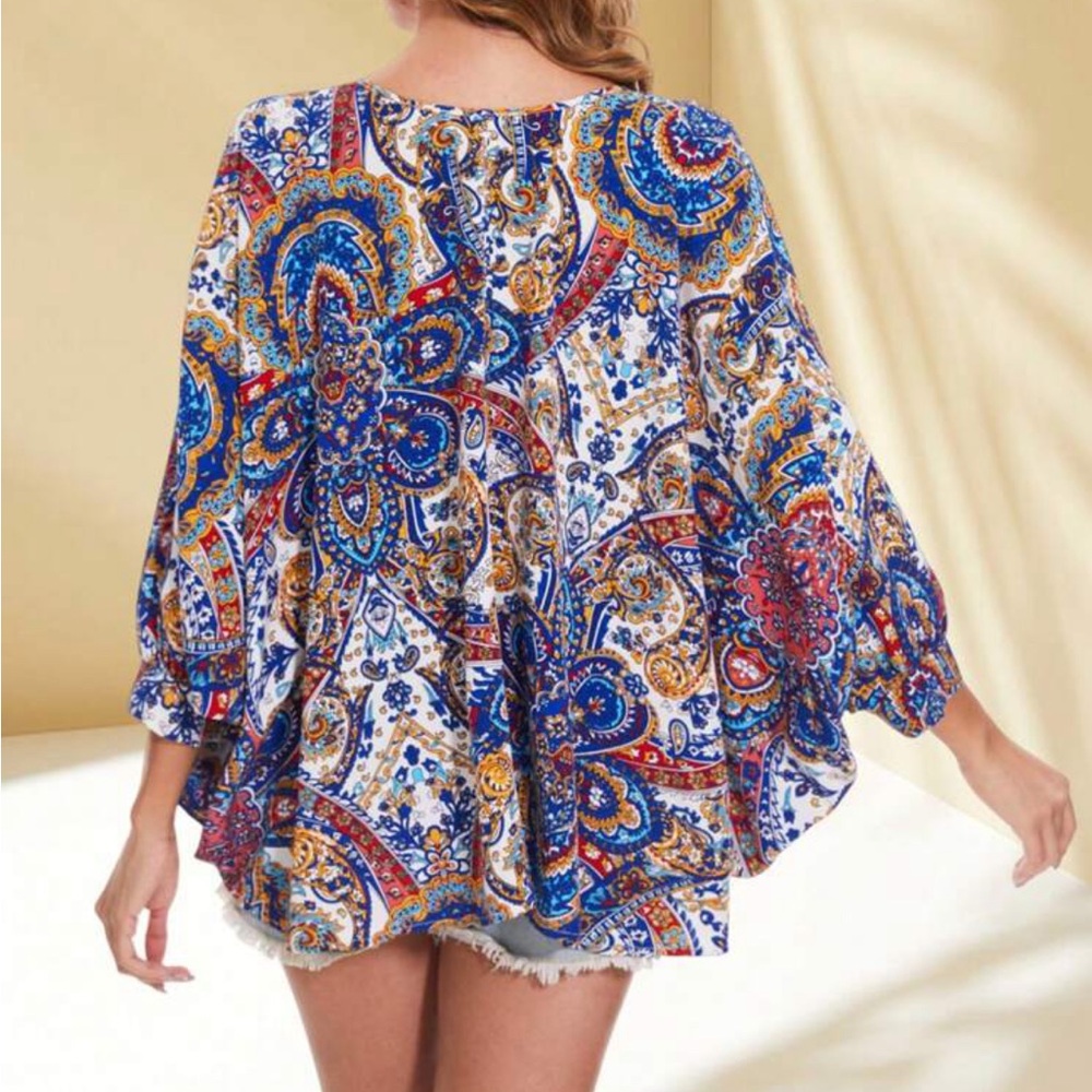 Boho Floral Paisley Print Dolman Sleeve Top Blouse Shirt - Picture 2 of 5